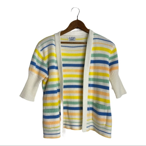Vintage Knit Open Front Cardigan Pockets Pastel Stripes White Yellow Blue - Picture 6 of 9